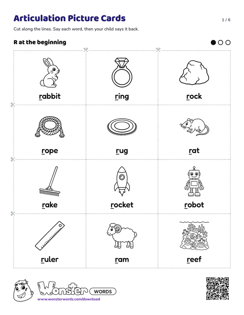 Page 1 of the Articulation Picture Cards worksheet (6 pages): 53 cards for R and L