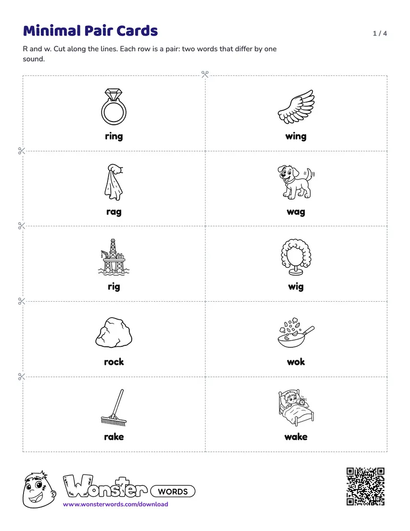 Page 1 of the Minimal Pair Cards worksheet (4 pages): 9 pairs
