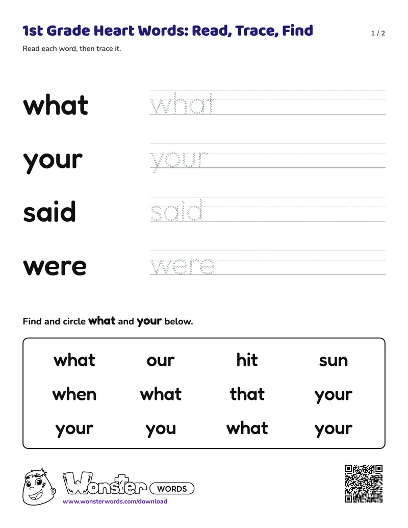 Page 1 of the 1st Grade Heart Words: Read, Trace, Find worksheet (2 pages): 4 words, answer key included