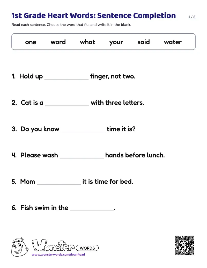 Page 1 of the 1st Grade Heart Words: Sentence Completion worksheet (8 pages): 21 sentences, answer key included