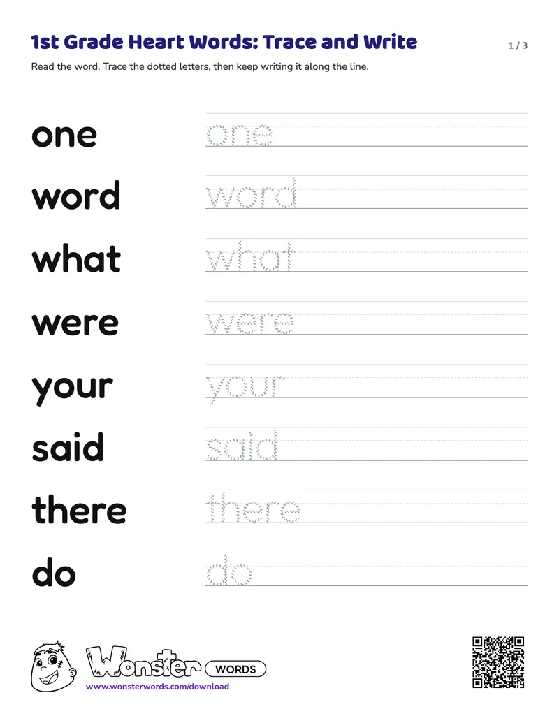 Page 1 of the 1st Grade Heart Words: Trace and Write worksheet (3 pages): 20 words