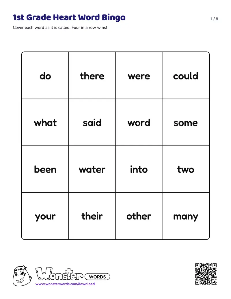 Page 1 of the 1st Grade Heart Word Bingo worksheet (8 pages): 21 words