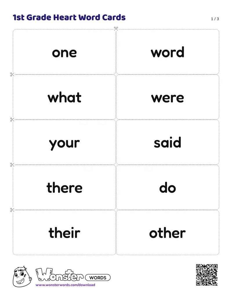 Page 1 of the 1st Grade Heart Word Cards worksheet (3 pages): 21 cards
