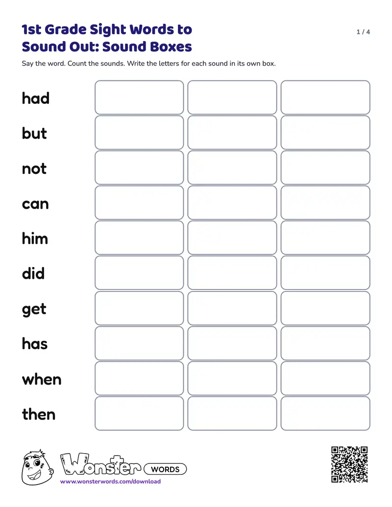 Page 1 of the 1st Grade Sight Words to Sound Out: Sound Boxes worksheet (4 pages): 20 words, answer key included