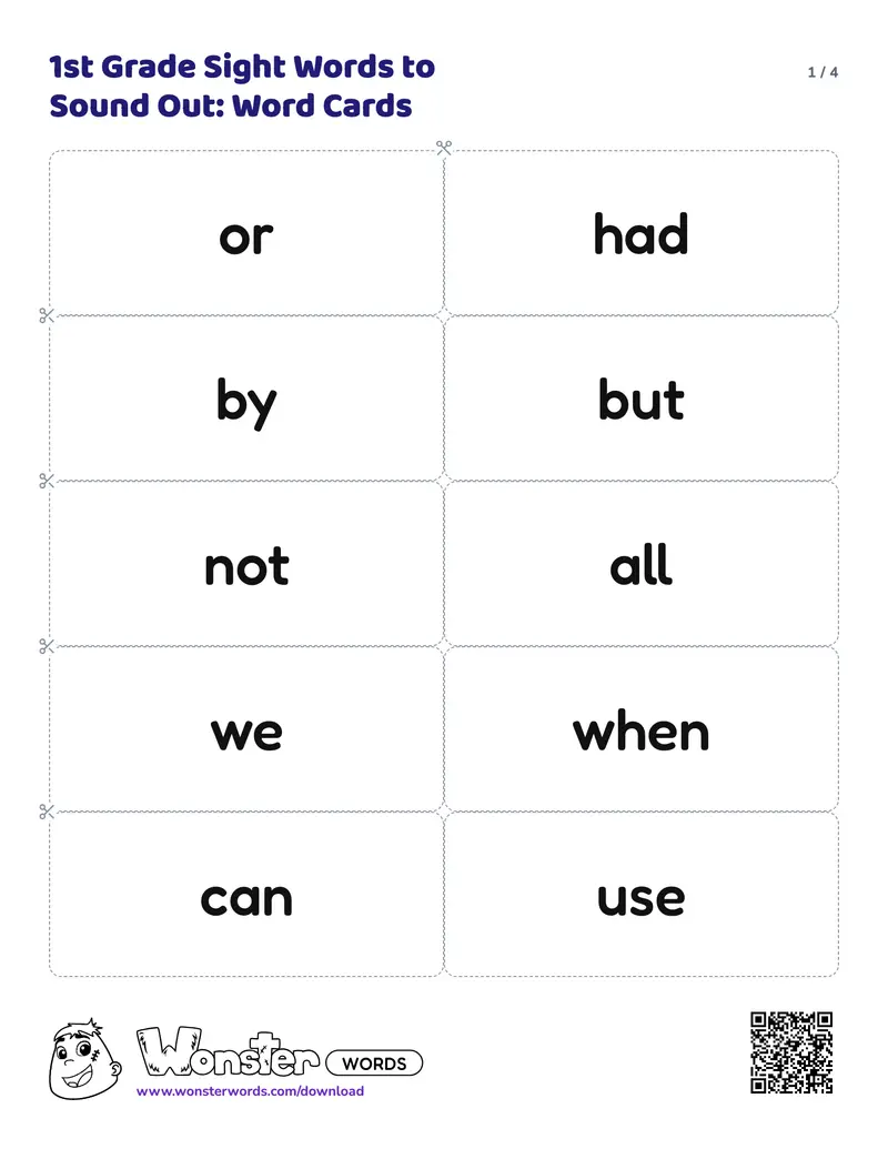 Page 1 of the 1st Grade Sight Words to Sound Out: Word Cards worksheet (4 pages): 40 cards