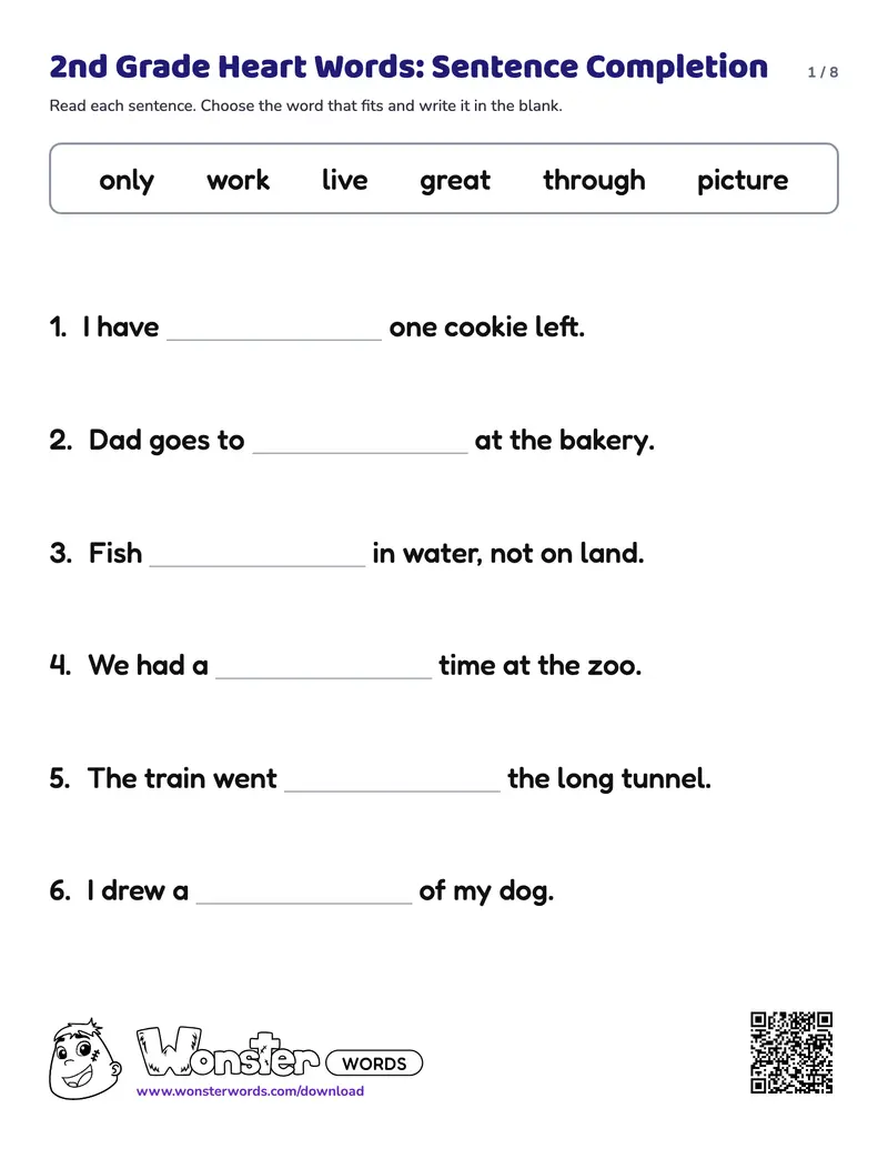 Page 1 of the 2nd Grade Heart Words: Sentence Completion worksheet (8 pages): 22 sentences, answer key included