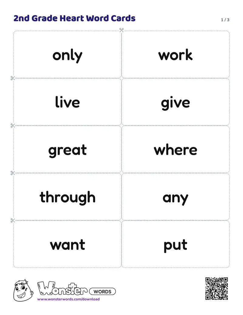Page 1 of the 2nd Grade Heart Word Cards worksheet (3 pages): 22 cards