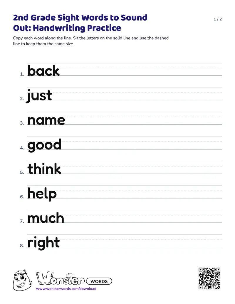 Page 1 of the 2nd Grade Sight Words to Sound Out: Handwriting Practice worksheet (2 pages): 16 words