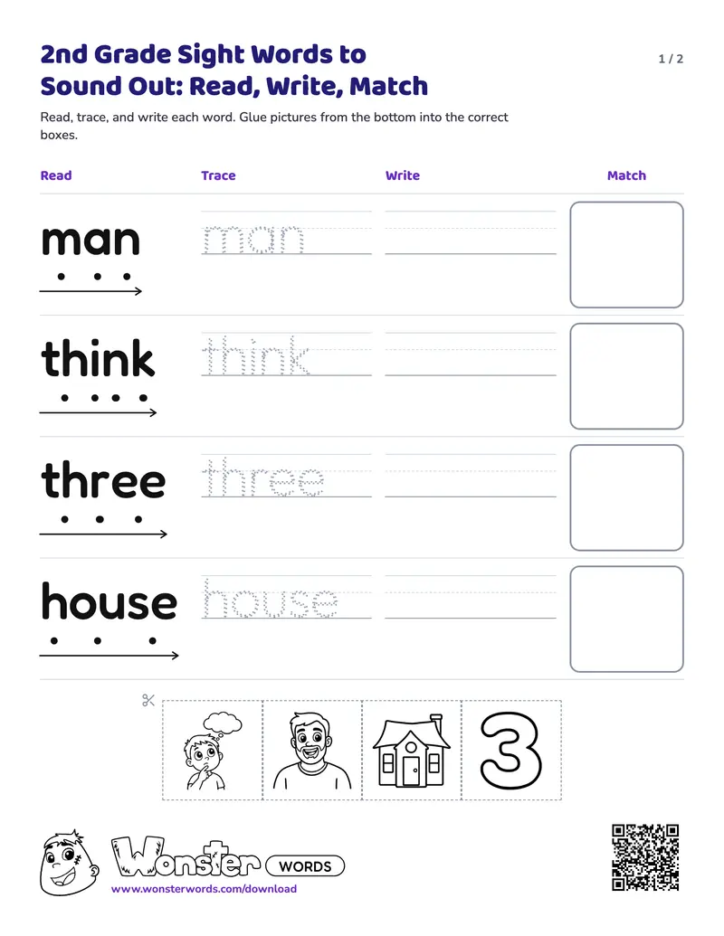Page 1 of the 2nd Grade Sight Words to Sound Out: Read, Write, Match worksheet (2 pages): 4 words, answer key included