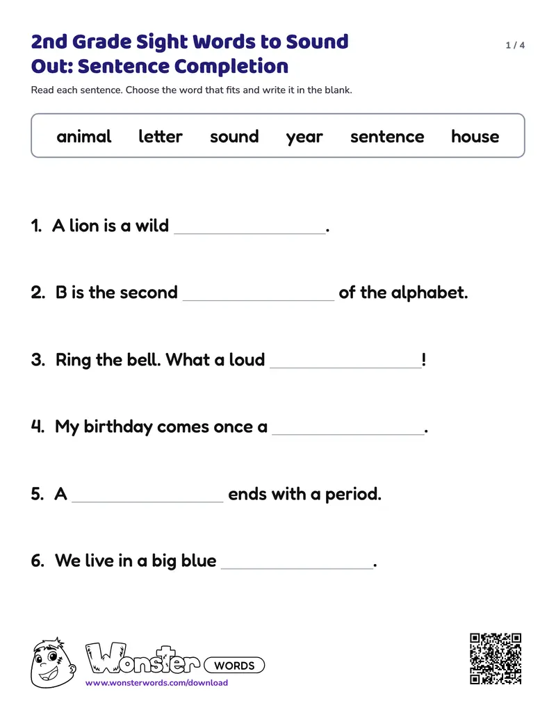 Page 1 of the 2nd Grade Sight Words to Sound Out: Sentence Completion worksheet (4 pages): 12 sentences, answer key included