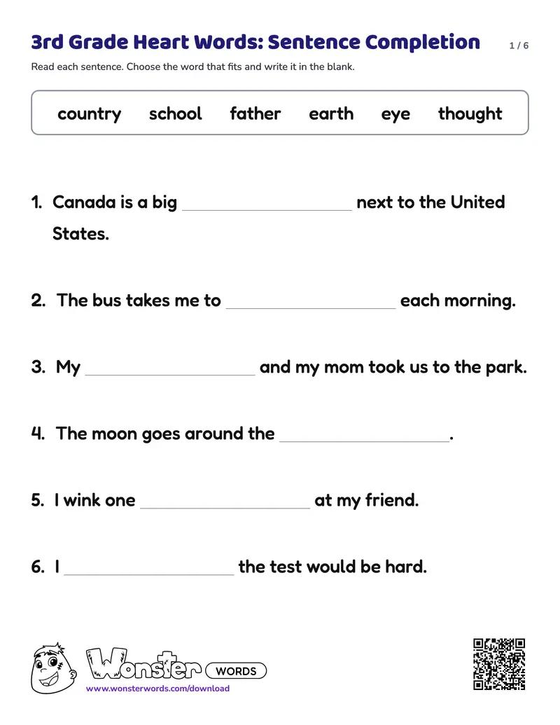 Page 1 of the 3rd Grade Heart Words: Sentence Completion worksheet (6 pages): 18 sentences, answer key included