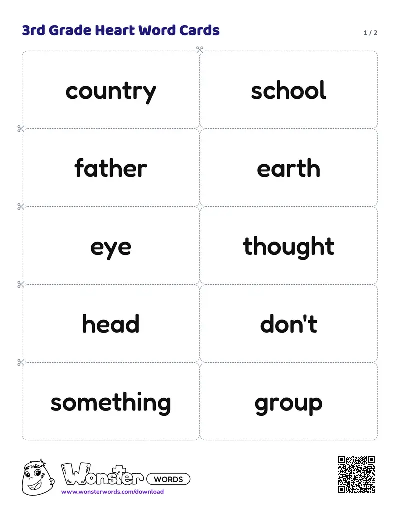 Page 1 of the 3rd Grade Heart Word Cards worksheet (2 pages): 18 cards