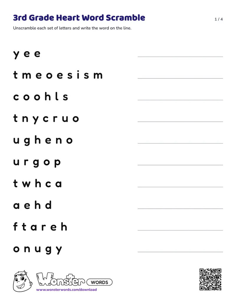 Page 1 of the 3rd Grade Heart Word Scramble worksheet (4 pages): 15 words, answer key included