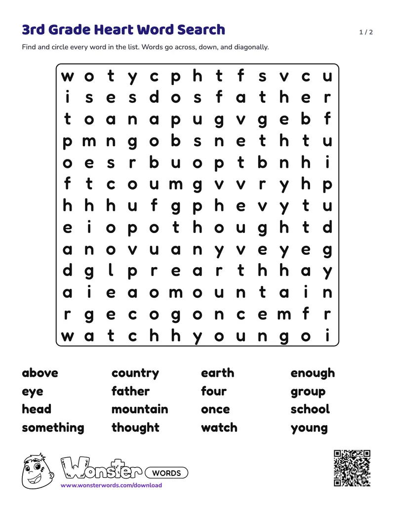 Page 1 of the 3rd Grade Heart Word Search worksheet (2 pages): 16 words, answer key included