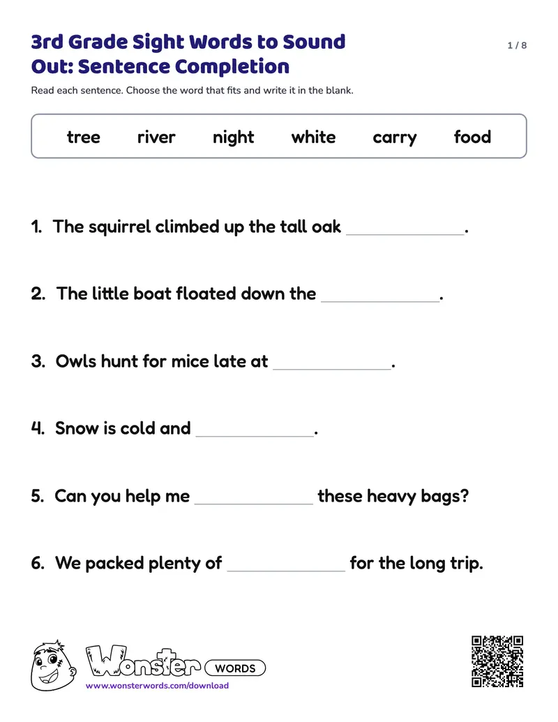 Page 1 of the 3rd Grade Sight Words to Sound Out: Sentence Completion worksheet (8 pages): 24 sentences, answer key included