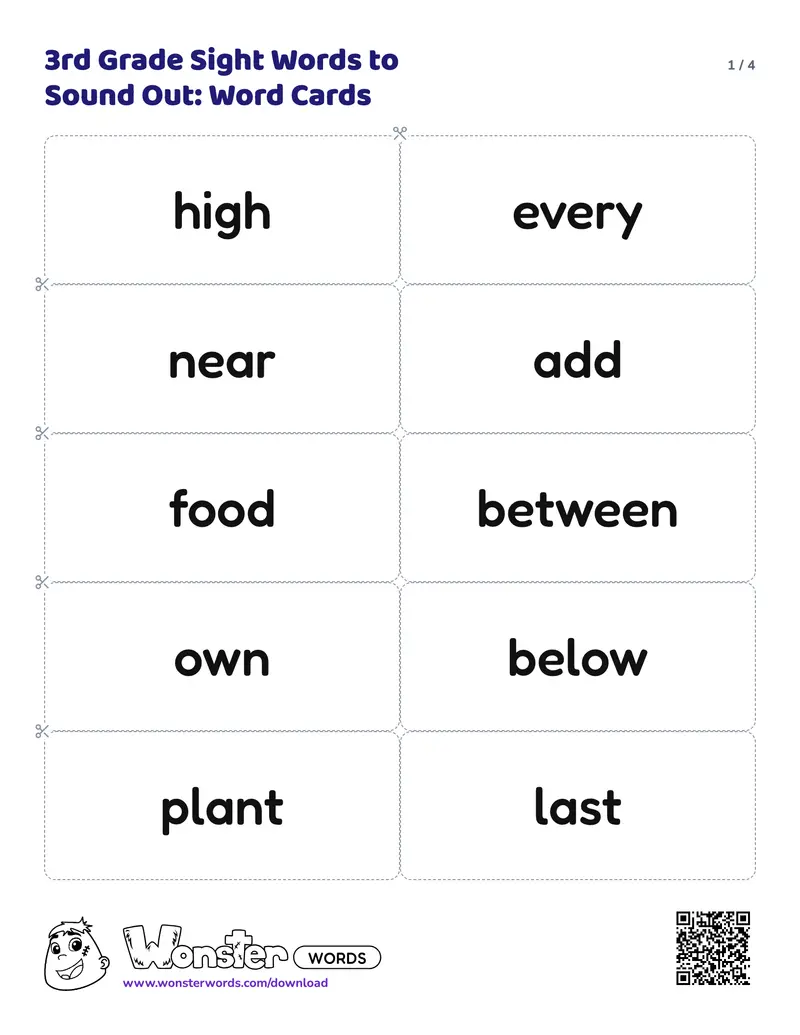 Page 1 of the 3rd Grade Sight Words to Sound Out: Word Cards worksheet (4 pages): 40 cards