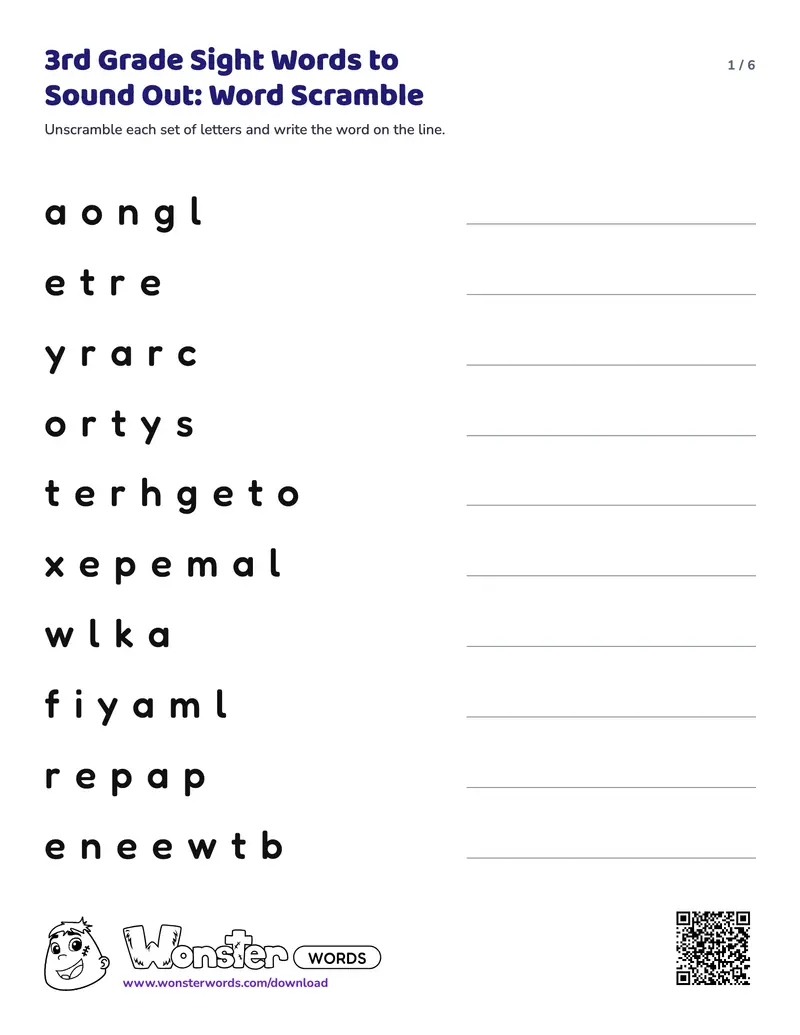 Page 1 of the 3rd Grade Sight Words to Sound Out: Word Scramble worksheet (6 pages): 24 words, answer key included