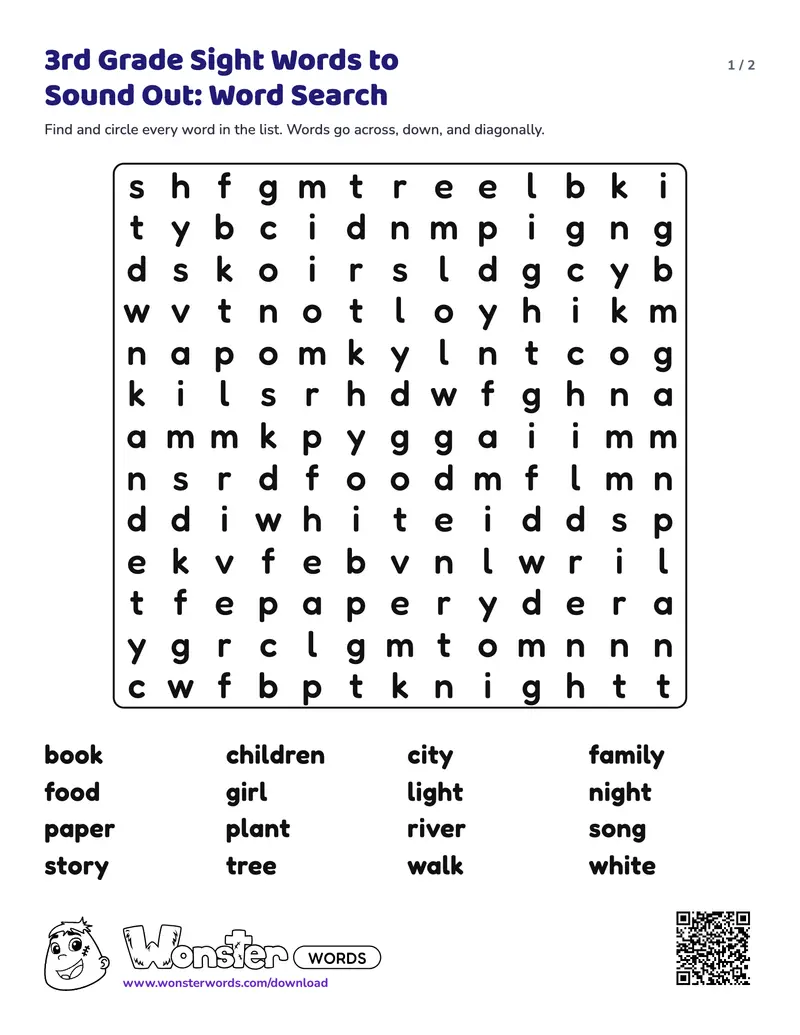 Page 1 of the 3rd Grade Sight Words to Sound Out: Word Search worksheet (2 pages): 16 words, answer key included