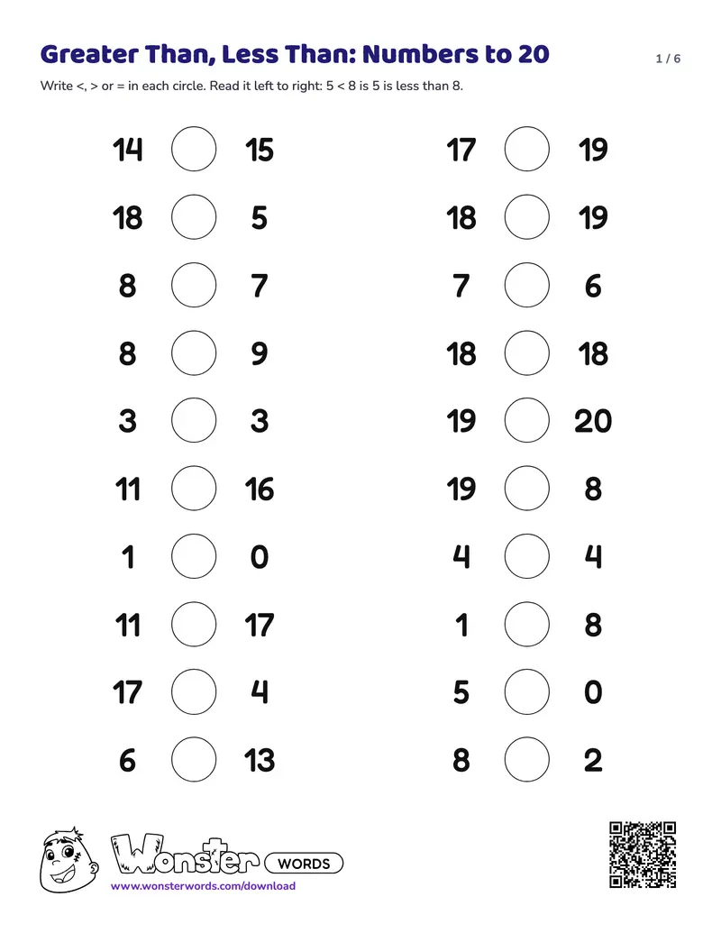 Page 1 of the Greater Than, Less Than worksheet (7 pages): 72 comparisons, answer key included