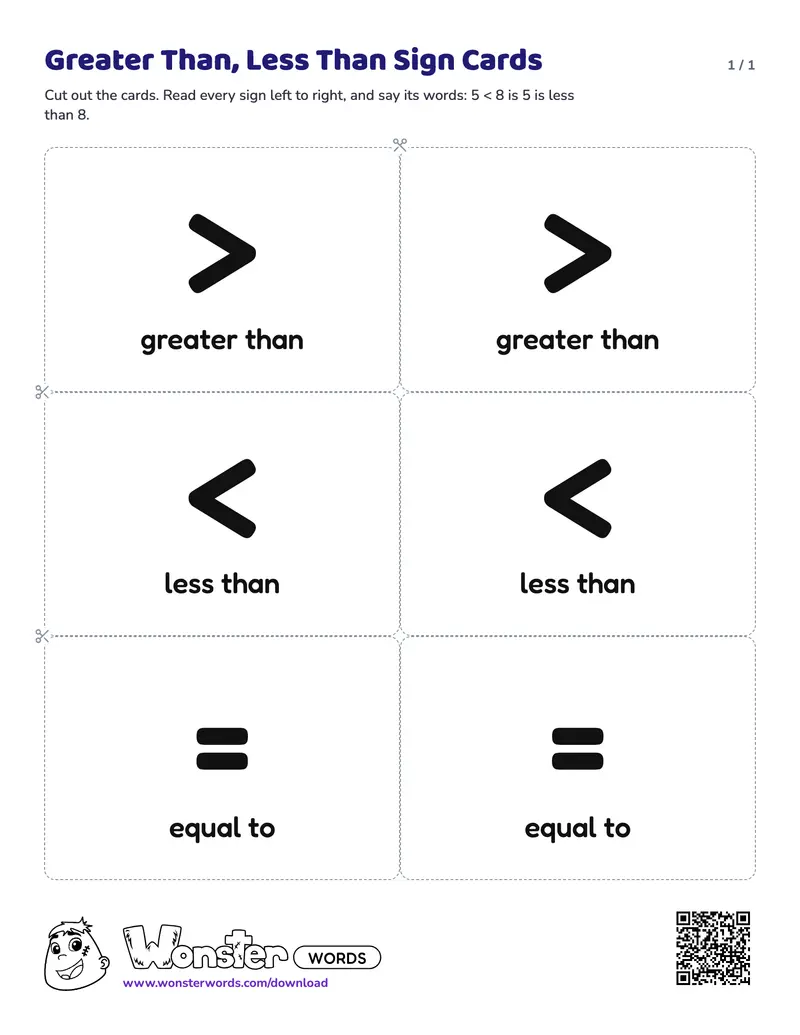 Page 1 of the Greater Than, Less Than Sign Cards worksheet (2 pages): 6 cards