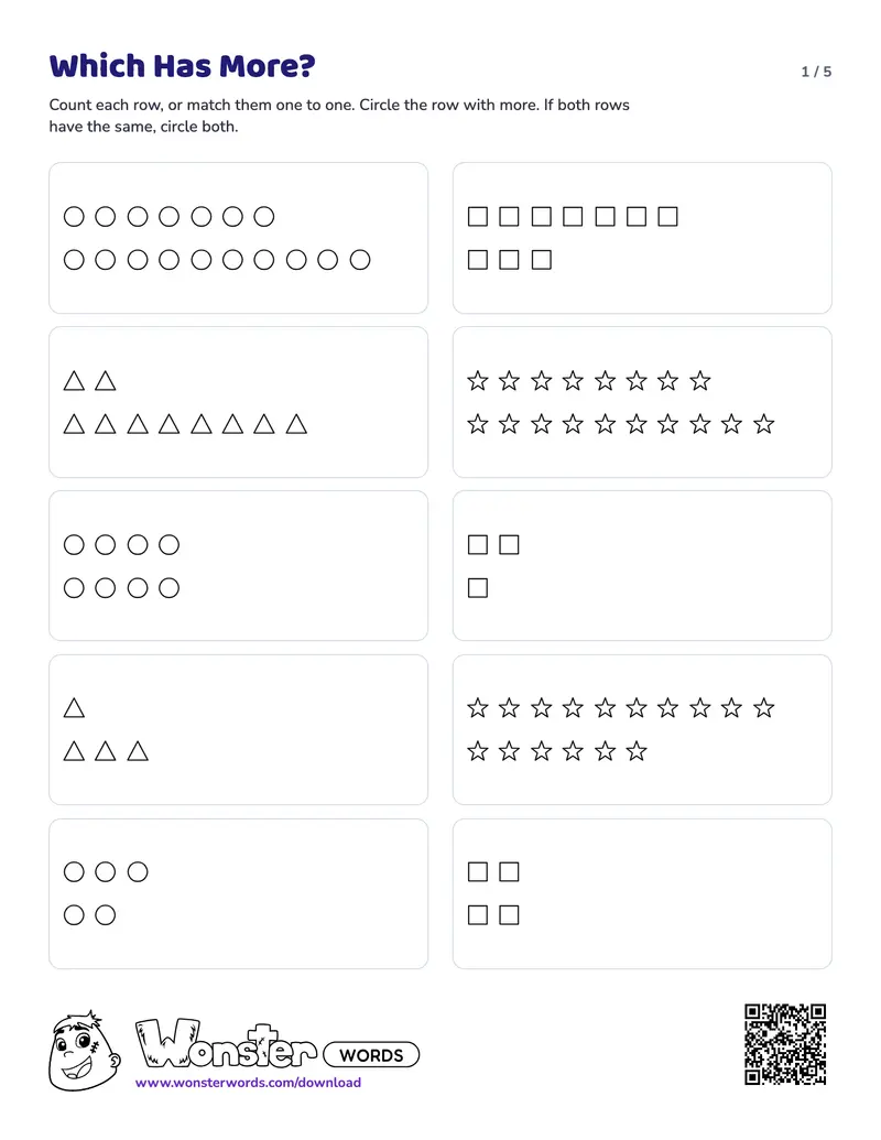 Page 1 of the Which Has More? worksheet (6 pages): 40 comparisons, answer key included