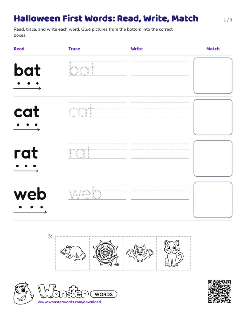 Page 1 of the Halloween First Words: Read, Write, Match worksheet (3 pages): 8 words, answer key included