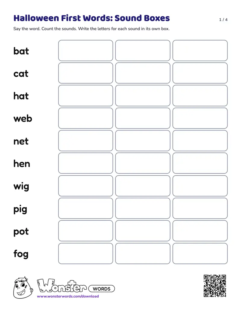 Page 1 of the Halloween First Words: Sound Boxes worksheet (4 pages): 12 words, answer key included