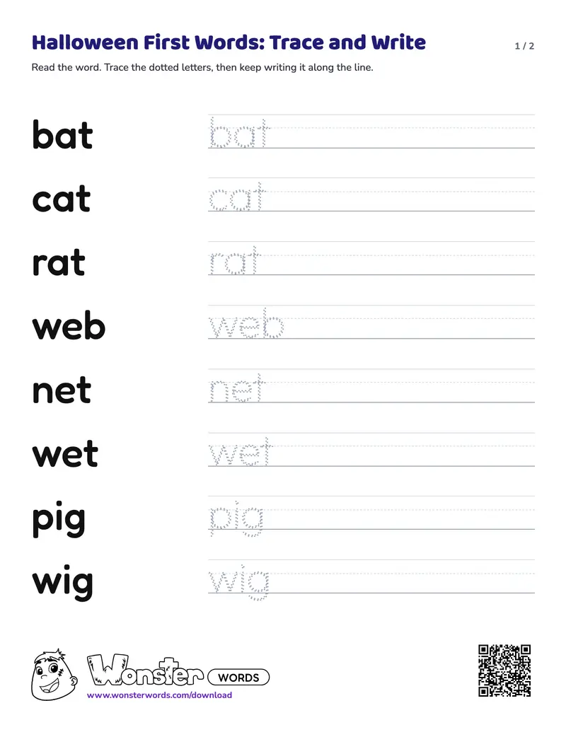 Page 1 of the Halloween First Words: Trace and Write worksheet (2 pages): 12 words