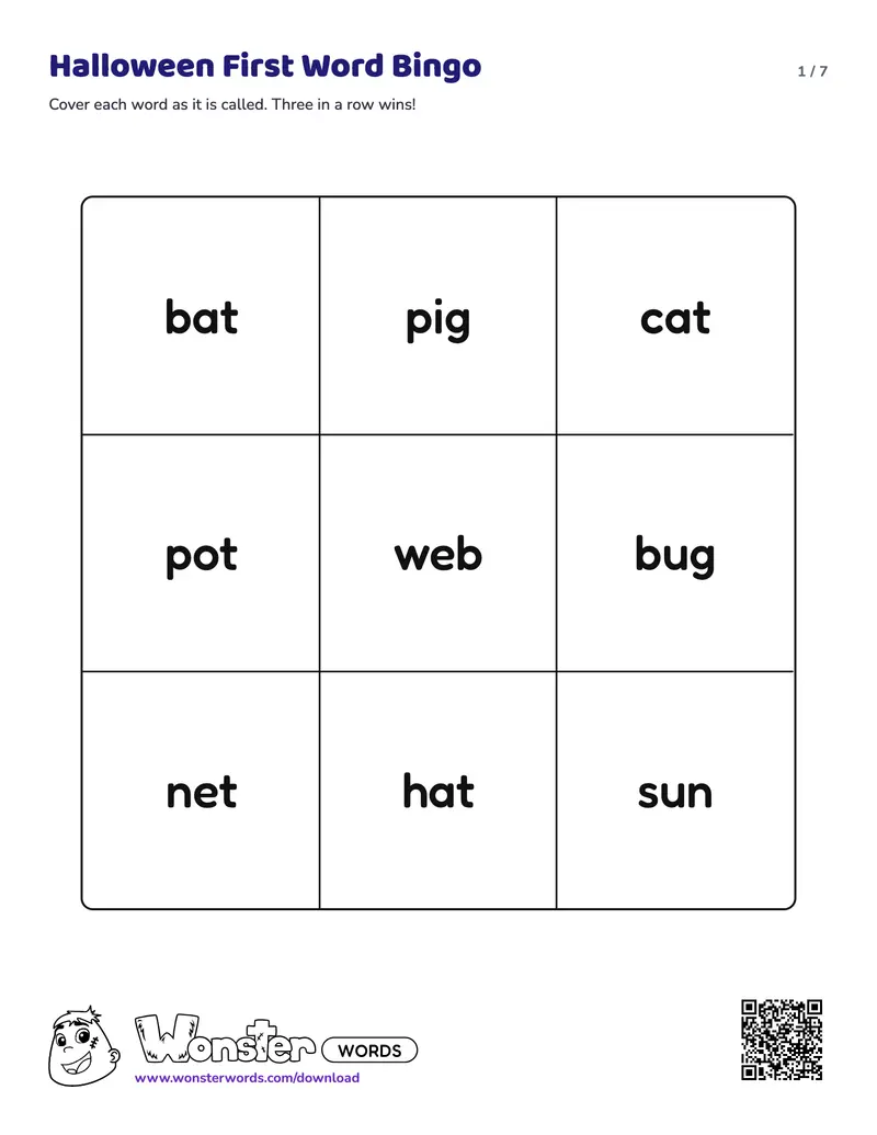 Page 1 of the Halloween First Word Bingo worksheet (7 pages): 9 words