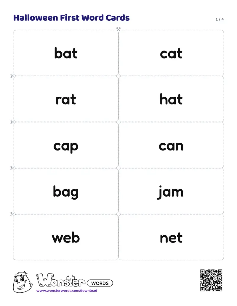 Page 1 of the Halloween First Word Cards worksheet (4 pages): 32 cards