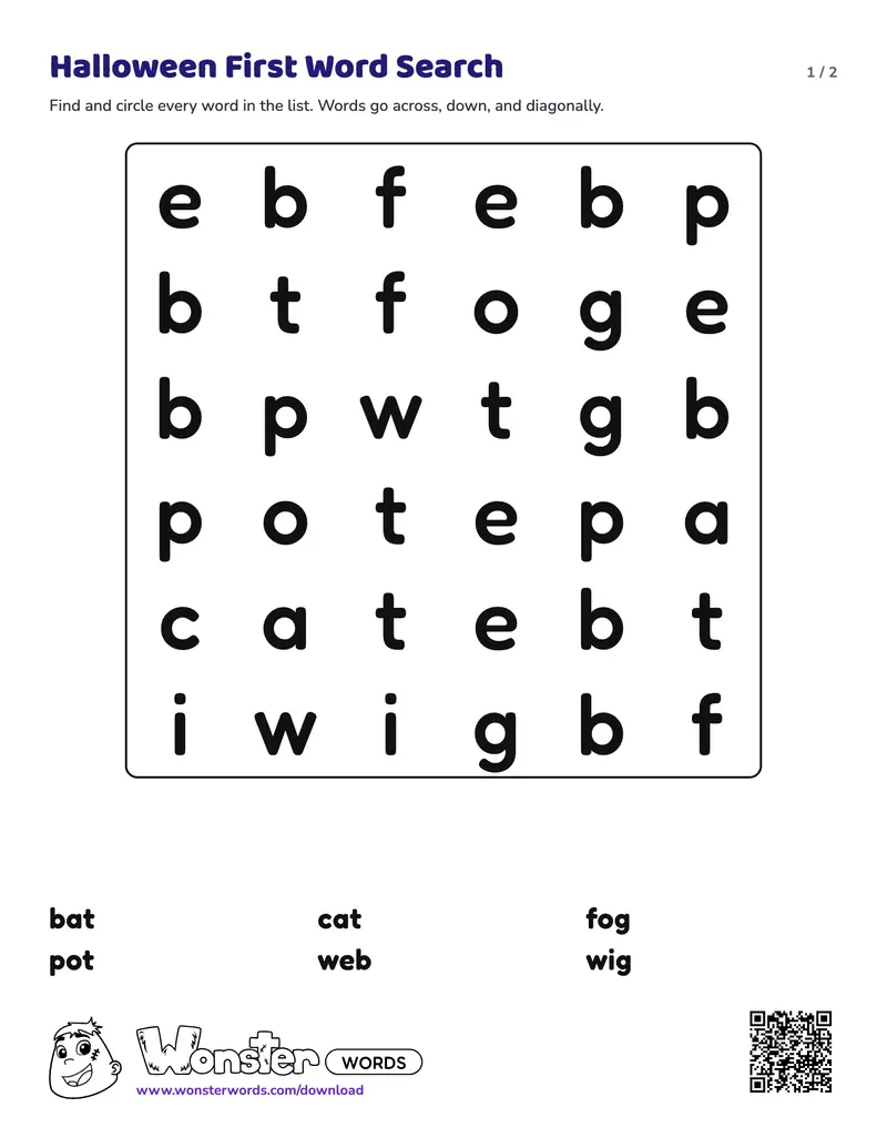 Page 1 of the Halloween First Word Search worksheet (2 pages): 6 words, answer key included