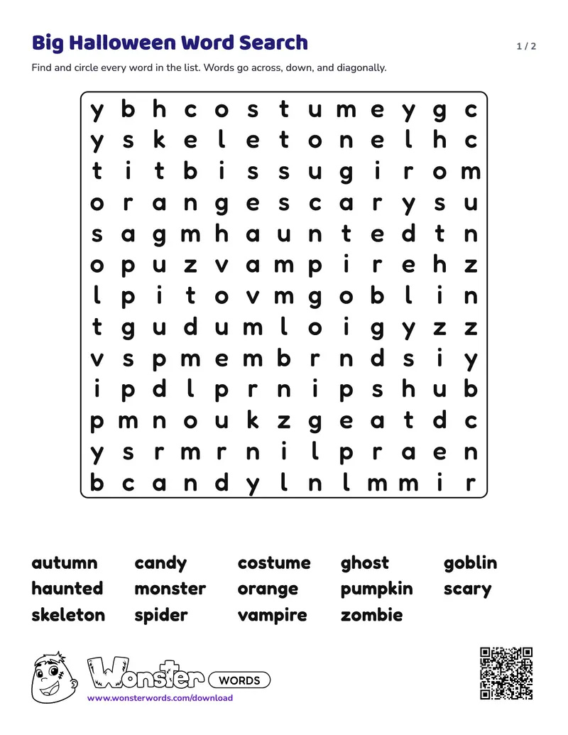 Page 1 of the Big Halloween Word Search worksheet (2 pages): 14 words, answer key included