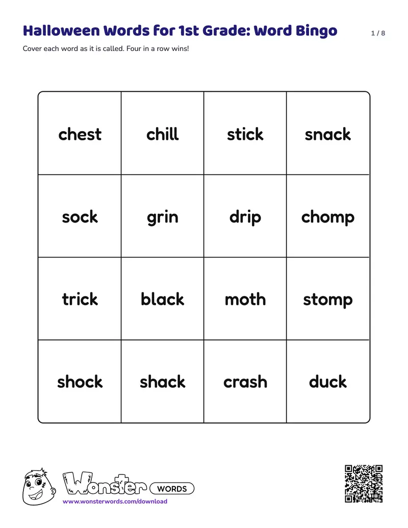 Page 1 of the Halloween Words for 1st Grade: Word Bingo worksheet (8 pages): 16 words