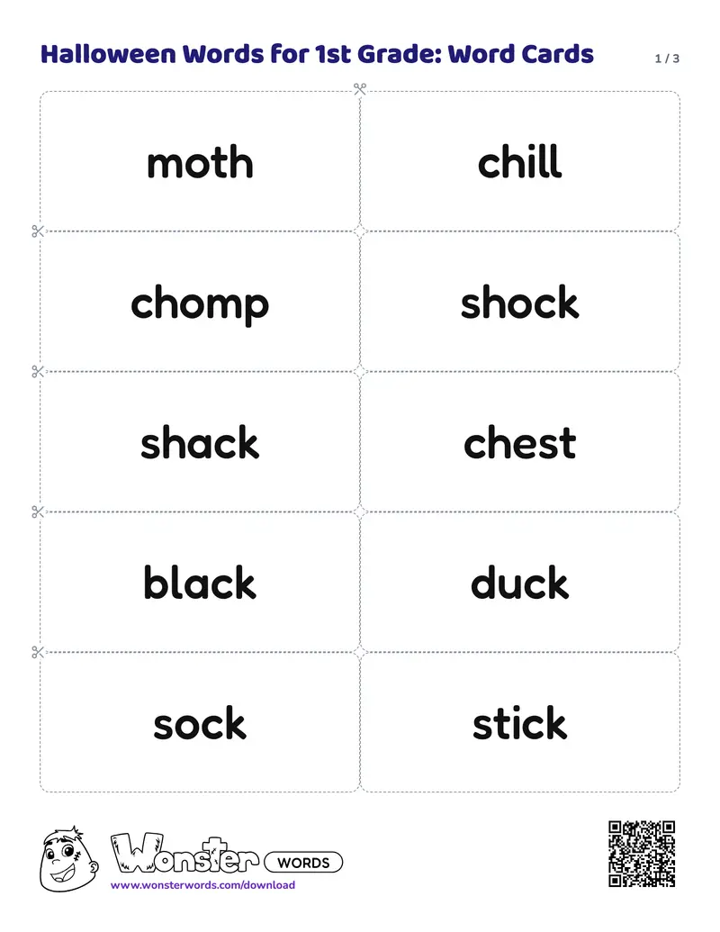 Page 1 of the Halloween Words for 1st Grade: Word Cards worksheet (3 pages): 24 cards