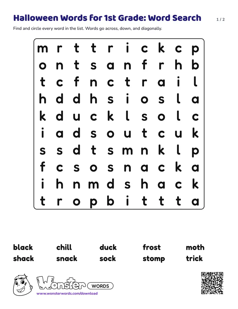 Page 1 of the Halloween Words for 1st Grade: Word Search worksheet (2 pages): 10 words, answer key included