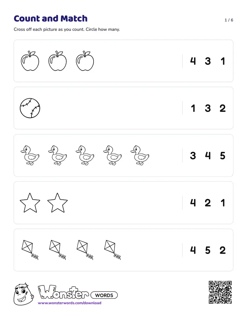 Page 1 of the Count and Match worksheet (11 pages): 38 counting rows, answer key included