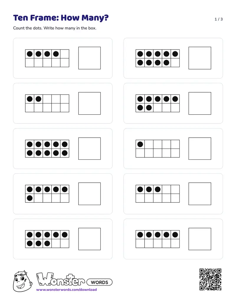 Page 1 of the Ten Frame: Count and Write worksheet (7 pages): 40 ten-frames, answer key included