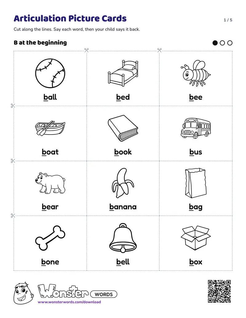 Page 1 of the Articulation Picture Cards worksheet (5 pages): 48 cards for B, D, M and P