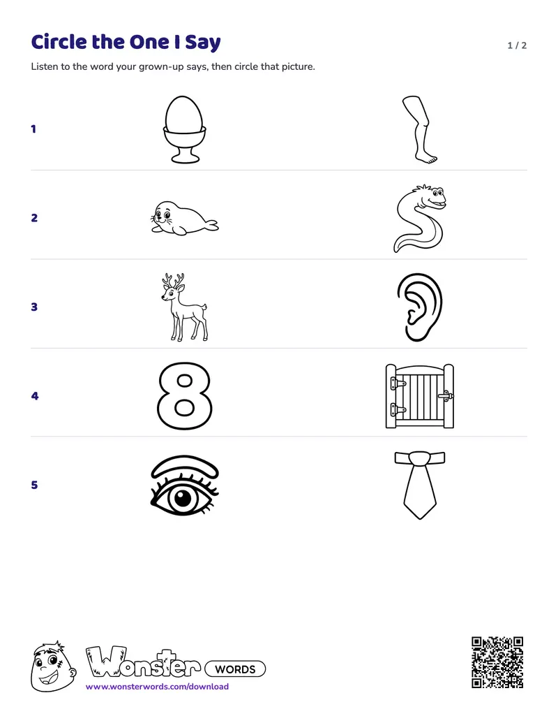 Page 1 of the Circle the One I Say worksheet (2 pages): 5 pairs, answer key included