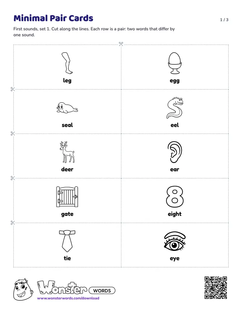 Page 1 of the Minimal Pair Cards worksheet (3 pages): 10 pairs