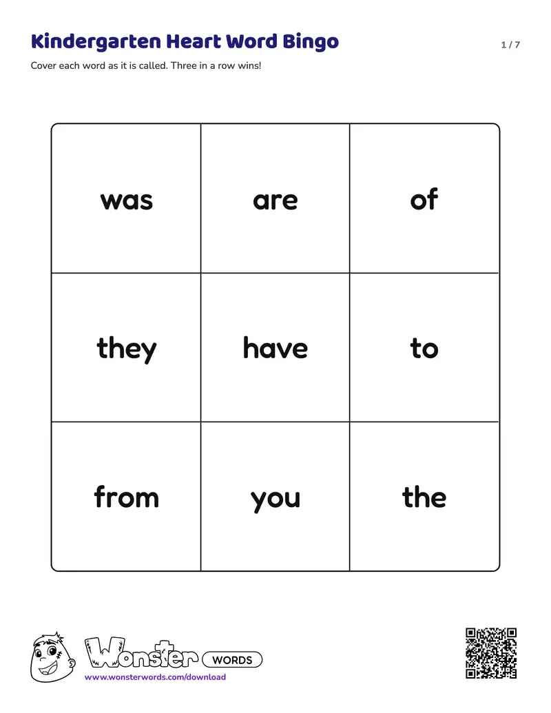 Page 1 of the Kindergarten Heart Word Bingo worksheet (7 pages): 9 words