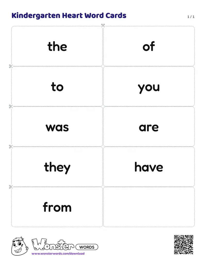 The Kindergarten Heart Word Cards worksheet: 9 cards