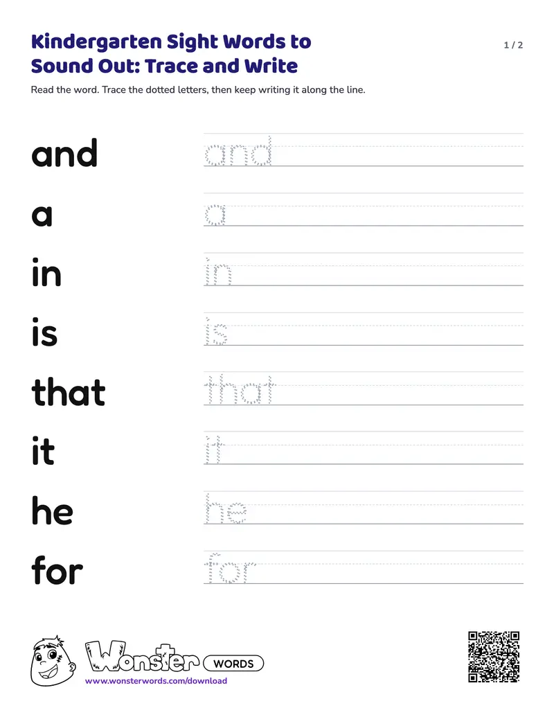 Page 1 of the Kindergarten Sight Words to Sound Out: Trace and Write worksheet (2 pages): 16 words
