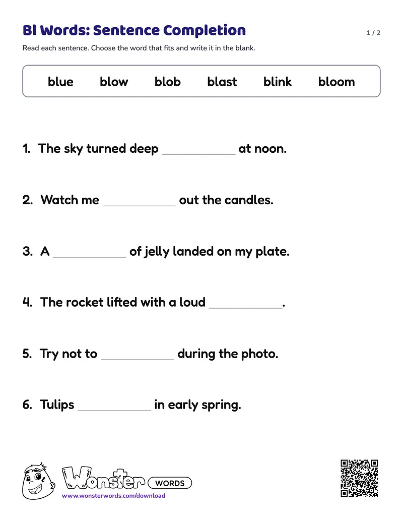 Page 1 of the Bl Words: Sentence Completion worksheet (2 pages): 6 sentences, answer key included