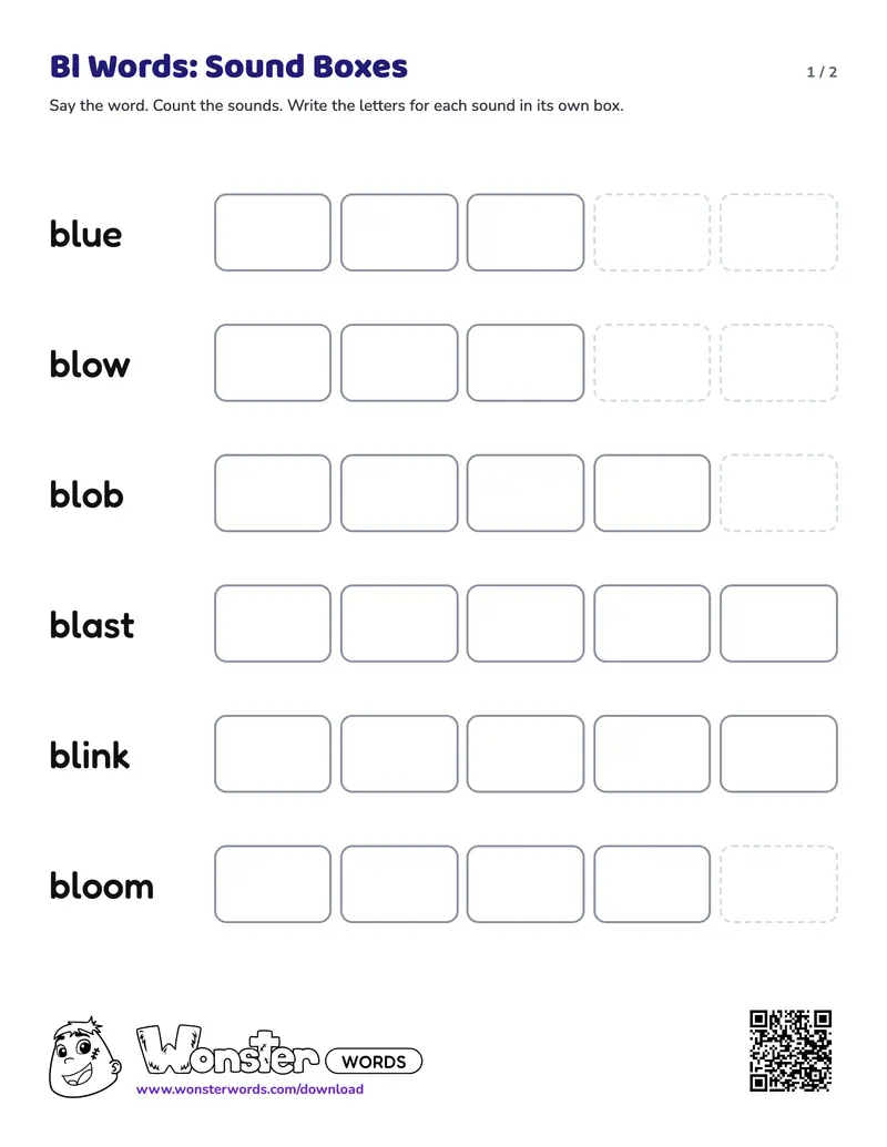 Page 1 of the Bl Words: Sound Boxes worksheet (2 pages): 6 words, answer key included