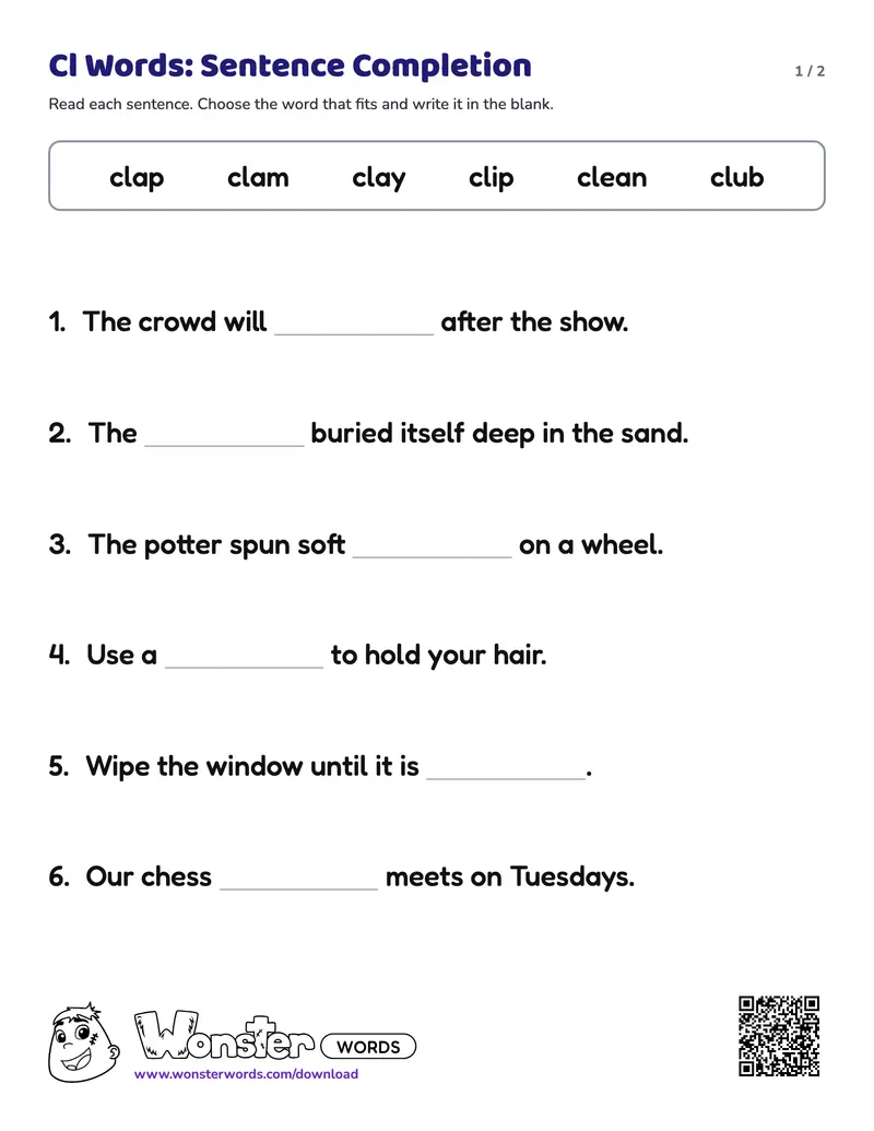 Page 1 of the Cl Words: Sentence Completion worksheet (2 pages): 6 sentences, answer key included
