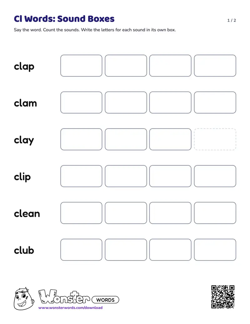 Page 1 of the Cl Words: Sound Boxes worksheet (2 pages): 6 words, answer key included