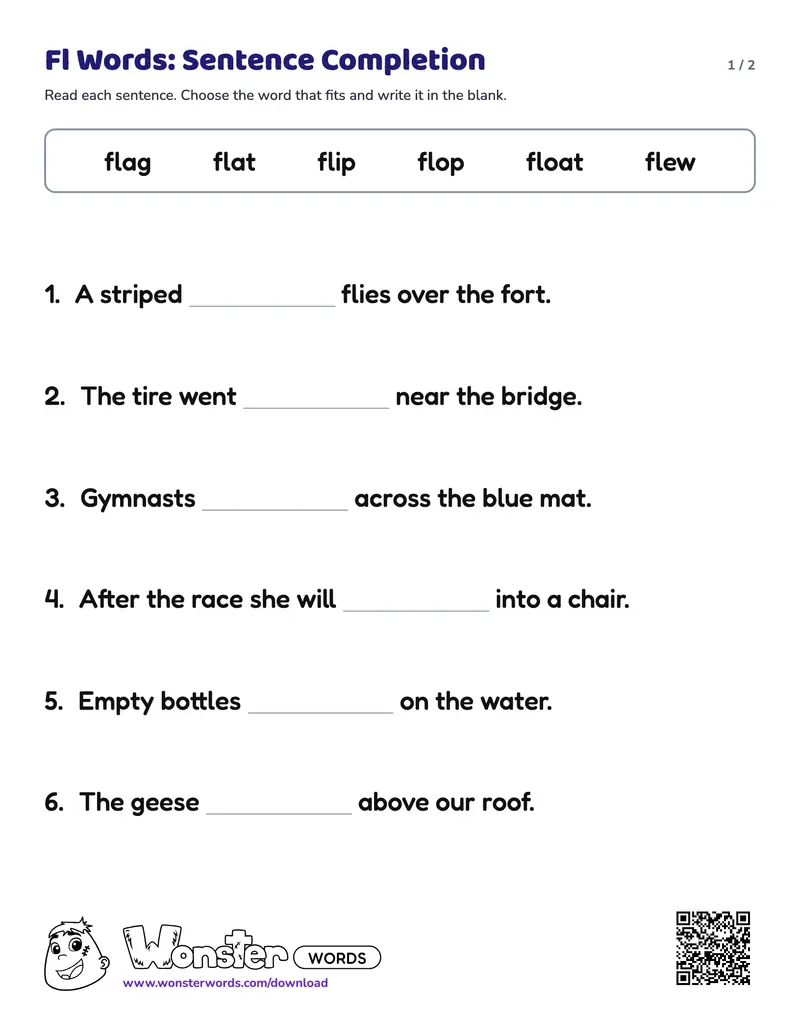 Page 1 of the Fl Words: Sentence Completion worksheet (2 pages): 6 sentences, answer key included