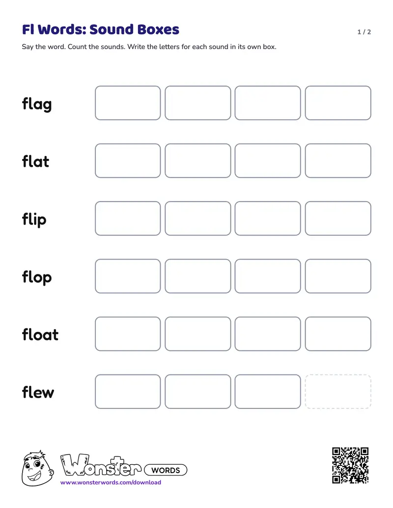 Page 1 of the Fl Words: Sound Boxes worksheet (2 pages): 6 words, answer key included