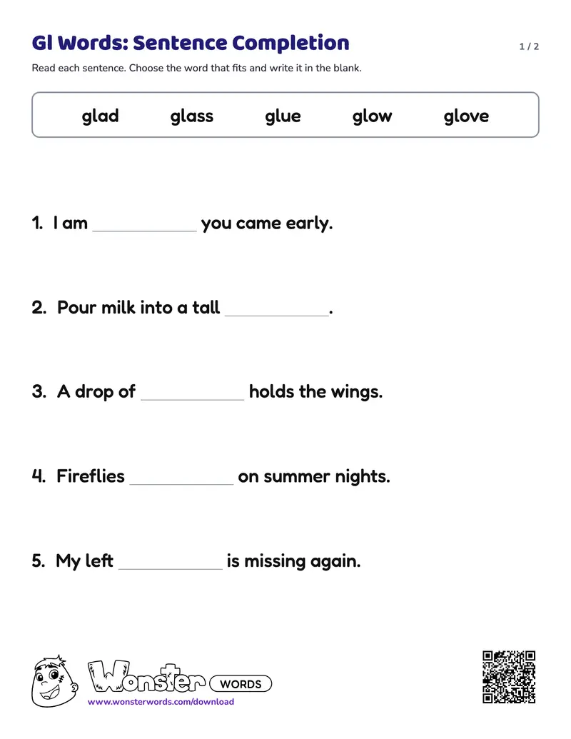 Page 1 of the Gl Words: Sentence Completion worksheet (2 pages): 5 sentences, answer key included
